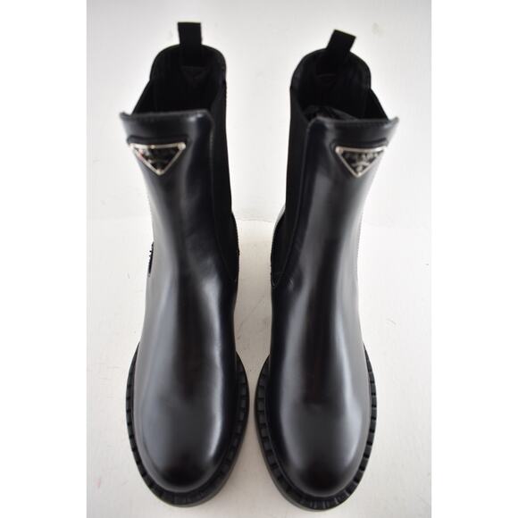 Prada Chocolate Brushed Leather Black Pull On Chelsea Ankle Mid Calf Boot 38.5 - Picture 12 of 16